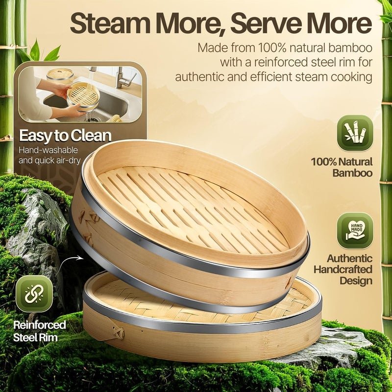 Flexzion Bamboo Steamer Basket Set (8 inch) with Stainless Steel Banding, 50 x Steamer Liners and 2 Pairs of Chopsticks, Steam Baskets for DimSum Dumplings, Rice, Vegetables, Fish and Meat - Image 2